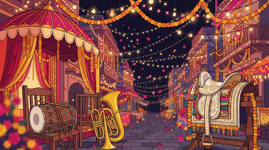 Illustration of a north Indian wedding street at night: festoon lights and marigold garlands strung overhead, a dhol and brass band horns resting by a chair, and a decorated horse's saddle.